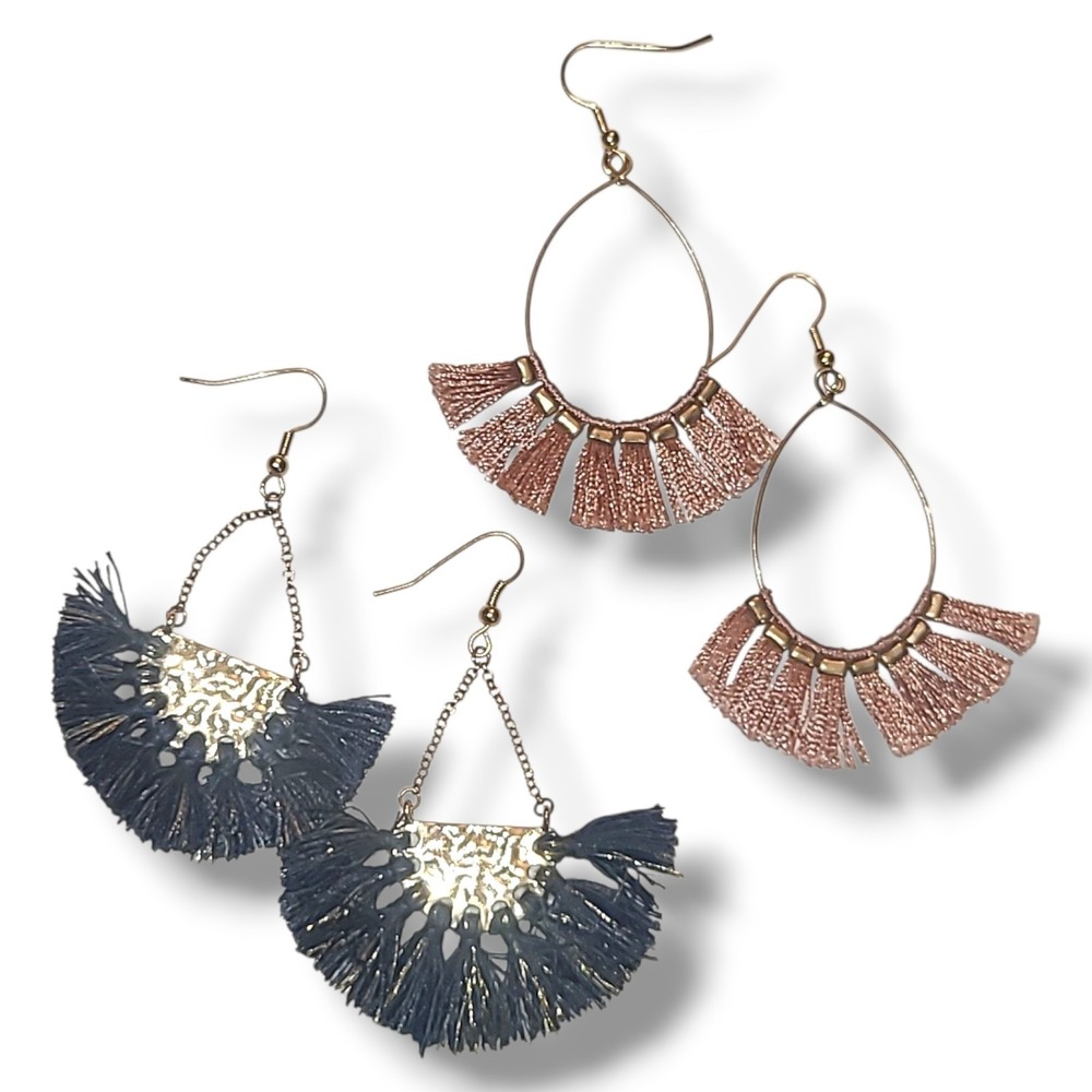 Lot 2 Fringe Tassel Dangle Earrings Gold Tone Boho Blue Pink‎ Lightweight
